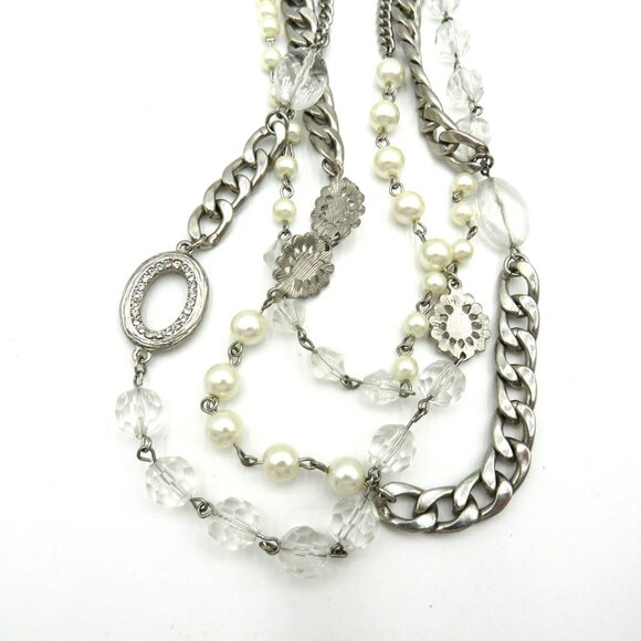 Layered Necklace 22" Silver Tone Chain Imitation Pearls Lucite Beads Multi Layer - Picture 2 of 13
